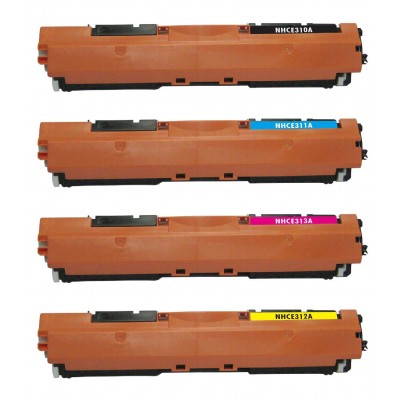 Remanufactured HP laser toner cartridges: 1 HP CE410X black, 1 HP CE411A cyan, 1 HP CE412A yellow and 1 HP CE413A magenta