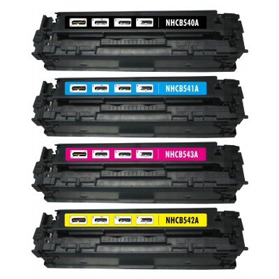 Remanufactured HP laser toner cartridges: 1 HP CB540A black, 1 HP CB541A cyan, 1 HP CB543A magenta and 1 HP CB542A yellow