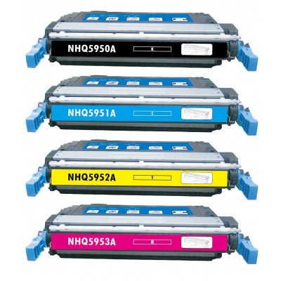 Remanufactured HP laser toner cartridges: 1 HP Q5950A black, 1 HP Q5951A cyan, 1 HP Q5952A yellow and 1 HP Q5953A magenta