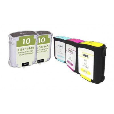 Remanufactured HP ink cartridges - C4844A (No. 10) high capacity black (2 pieces), C4804A (No. 12) cyan (1 piece), C4805A (No. 12) magenta (1 piece), and  C4806A (No. 12) yellow (1 piece)