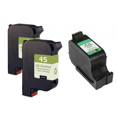 Remanufactured HP 51645A (No. 45) black ink cartridge (2 pieces) and C1823A (No. 23) color ink cartridge (1 piece)