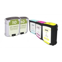 Remanufactured HP ink cartridges - C4844A (No. 10) high capacity black (2 pieces), C4804A (No. 12) cyan (1 piece), C4805A (No. 12) magenta (1 piece), and  C4806A (No. 12) yellow (1 piece)