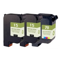 Remanufactured HP ink cartridges - C6615D (No. 15) black ink cartridge (2 pieces) and C6578D (No. 78) color ink cartridge (1 piece)