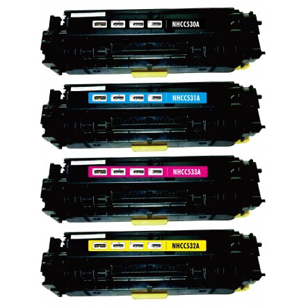 Remanufactured HP laser toner cartridges: 1 HP CC530A black, 1 HP CC531A cyan, 1 HP CC533A magenta and 1 HP CC532A yellow