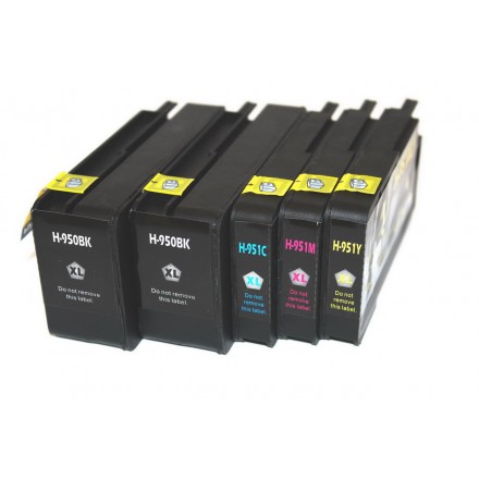 Remanufactured HP 950XL high yield ink cartridges: 2 black, 1 cyan, 1 magenta, 1 yellow 