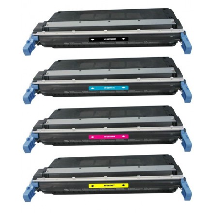 Remanufactured HP laser toner cartridges: 1 HP C9730A black, 1 HP C9731 cyan, 1 HP C9732A yellow and 1 HP C9733A magenta