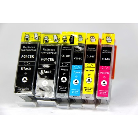 Compatible Canon PGI-7 and PGI-9 ink cartridges 6-piece bulk set (2 PGI-7BK black, 1 PGI-9PBK photo black, 1 PGI-9C cyan, 1 PGI-9M magenta, 1 PGI-9Y yellow) 