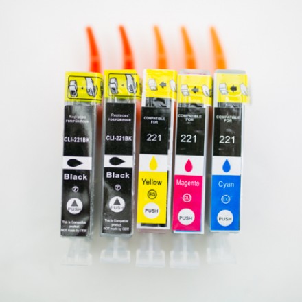 Compatible Canon PGI-220 pigment black and CLI-221 black & color ink cartridges 7-piece set (2 PGI-220 pigment black, 2 Canon CLI-221 black, 1 CLI-221 cyan, 1 CLI-221 magenta, 1 CLI-221 yellow)