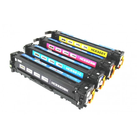 Remanufactured HP laser toner cartridges: 1 HP CE320A black, 1 HP CE321A cyan, 1 HP CE322A yellow and 1 HP CE 323A magenta