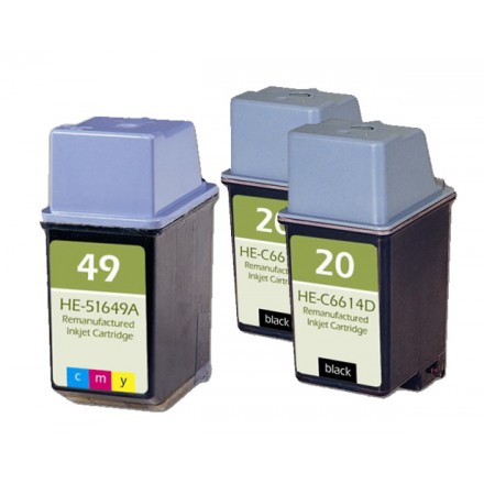 Remanufactured HP ink cartridges - C6614A (No. 20) black ink cartridge (2 pieces) and 51649 (No. 49) color ink cartridge (1 piece)