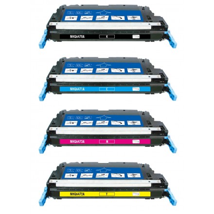 Remanufactured HP laser toner cartridges: 1 HP Q6470A black, 1 HP Q6471A cyan, 1 HP Q6472A yellow and 1 HP Q6473A magenta