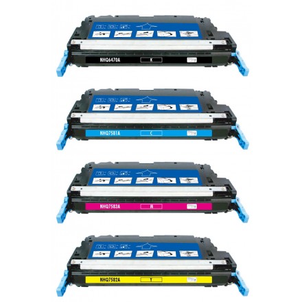 Remanufactured HP laser toner cartridges: 1 HP Q6470A black, 1 HP Q7581A cyan, 1 HP Q7582A yellow and 1 HP Q7583A magenta